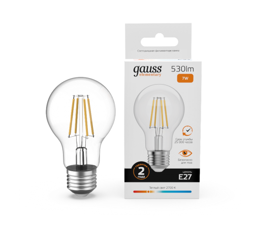 Лампа светодиодная   Filament Elementary А60 7W 530lm 2700К Е27 LED 1/10/50  22217  Gauss