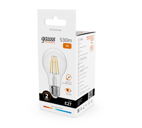 Лампа светодиодная   Filament Elementary А60 7W 530lm 2700К Е27 LED 1/10/50  22217  Gauss