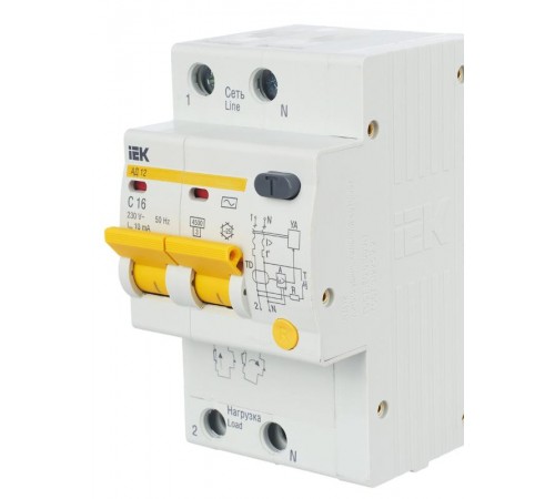 Выключатель автоматический дифференциального тока АД12 2п 16А C 10мА тип AC (3 мод)  MAD10-2-016-C-010  IEK
