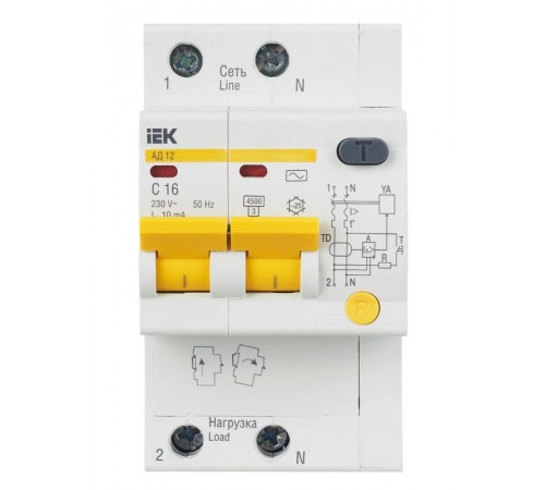 Выключатель автоматический дифференциального тока АД12 2п 16А C 10мА тип AC (3 мод)  MAD10-2-016-C-010  IEK