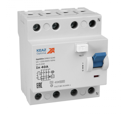 Устройство защитного отключения (УЗО) без защиты от сверхтоков OptiDin DМ63-4425-A-УХЛ4 (4P, 25, 300mA) (КЭАЗ  254303  КЭАЗ