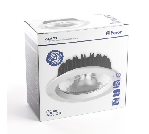 Светильник светодиодный встраиваемый AL251, 20W, 1800Lm, 4000K, 90 градусов, белый  32610  FERON