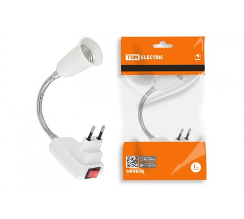 Переходник вилка-Е27 гибкий 150мм с выключателем, белый,  SQ0335-1012  TDM