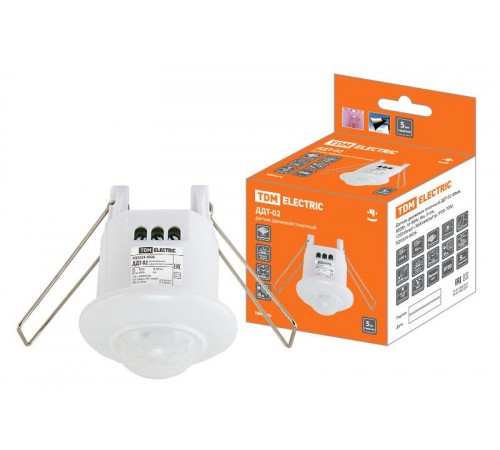 Датчик движения ДДТ-02 40мм, 800Вт, 10-900с, 6м, 3+лк, 120(сбоку)+360(сверху)гр, IP20,  SQ0324-0026  TDM