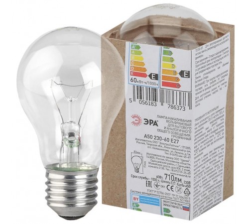 Лампа накаливания ЛОН A50 60-230-E27  (груша) 60Вт 230В Е27 в гофре  Б0039118  ЭРА