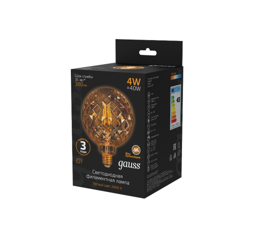 Лампа светодиодная   Filament G120 4W 380lm 2400К Е27 golden Carat LED 1/20  105802004  Gauss