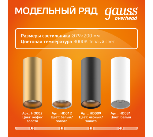 Светильник светодиодный накладной HD029 12W (черный/черный) 3000K 79x200мм  HD029  Gauss