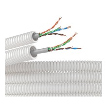 Электротруба из ПЛЛ не содержит галогенов, гибкая гофрированна д. 16 мм, цвет белый, с кабелем витая пара 5EU/UTP нг(А)-HF, 100 м  8EU816100HF  DKC