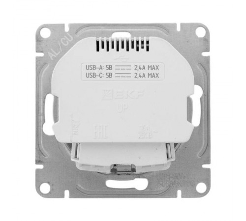 Механизм розетки с USB-A+С - 2шт, 16А, с заземлением, со шторками, алюминий Эпика EKF  UP1-SOA-111-USBA+USBC  EKF