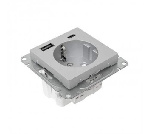 Механизм розетки с USB-A+С - 2шт, 16А, с заземлением, со шторками, алюминий Эпика EKF  UP1-SOA-111-USBA+USBC  EKF