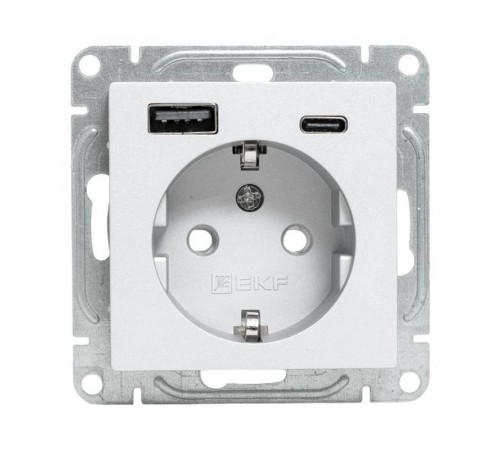 Механизм розетки с USB-A+С - 2шт, 16А, с заземлением, со шторками, алюминий Эпика EKF  UP1-SOA-111-USBA+USBC  EKF