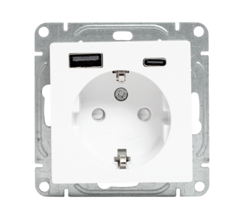 Механизм розетки с USB-A+С - 2шт, 16А, с заземлением, со шторками, белый Эпика  UP1-SOW-111-USBA+USBC  EKF