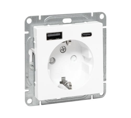 Механизм розетки с USB-A+С - 2шт, 16А, с заземлением, со шторками, белый Эпика  UP1-SOW-111-USBA+USBC  EKF