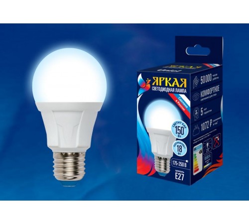 Лампа светодиодная LED-A60 18W/6500K/E27/FR PLP01WH LED. "груша", матовая. серия Яркая, пр-во Россия, 6500K .  UL-00005038  Uniel