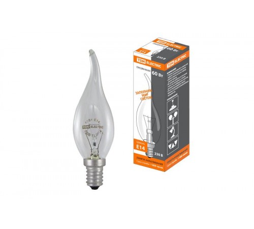 Лампа накаливания ЛОН 60Вт E14 230В свеча на ветру прозрачная  SQ0332-0016  TDM