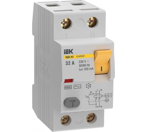 Выключатель дифференциальный (УЗО) ВД3-63 2P 32А 100мА 6кА тип АС KARAT  MDV20-2-032-100  IEK