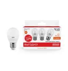 Лампа светодиодная LED 7Вт E27 220В 2700К Elementary шар (3 лампы в упаковке)  53217T  Gauss
