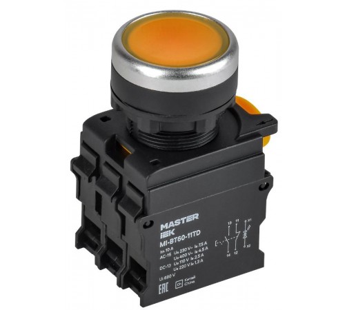Кнопка с подсвет. и фикс. d=22мм 1NO+1NC жёлтая MASTER  MI-BT60-11TD-3-11-K05  IEK