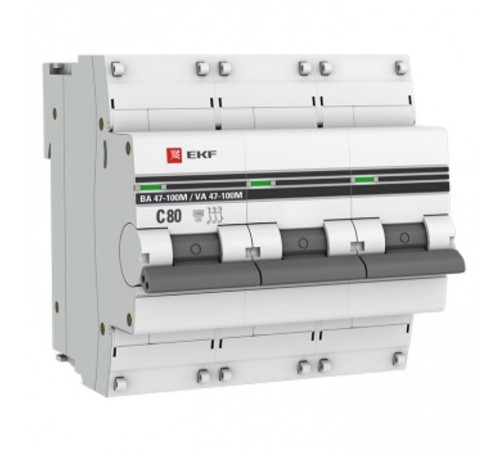 Выключатель автоматический трехполюсный 3P 80А (C) 10kA ВА 47-100M с электромагнитным расцепителем PROxima  mcb47100m-3-80C-pro  EKF
