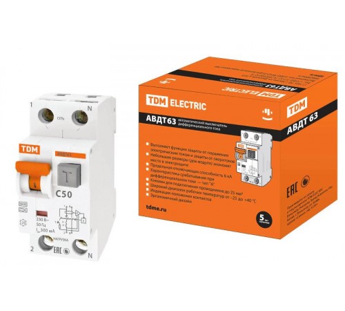 Выключатель автоматический дифференциального тока АВДТ 63 1п+N 50А C 300мА тип A  SQ0202-0015  TDM