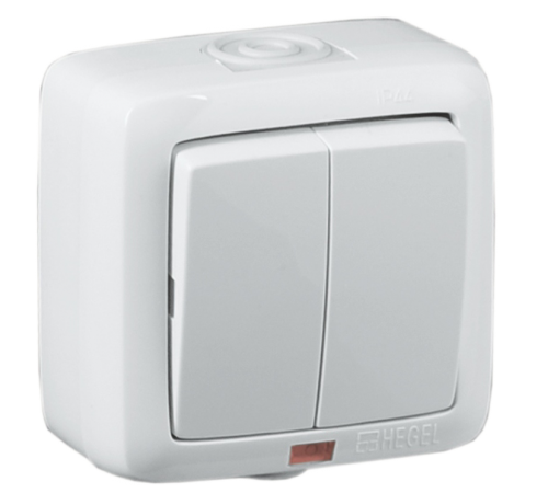 Выключатель открытой установки, двухклавишный, с индикацией, брызгозащищенный, цвет белый  ВА10-252  HEGEL