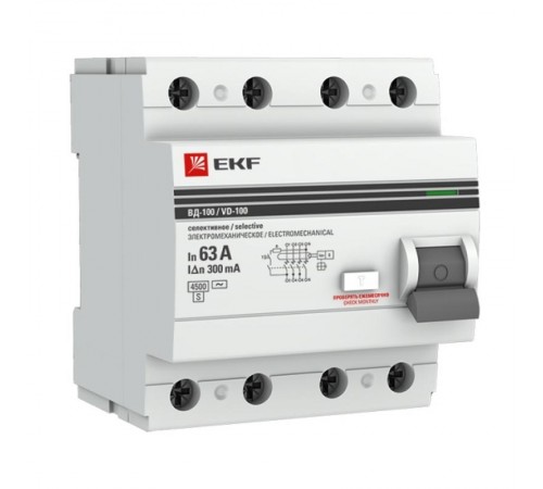 Выключатель дифференциальный (УЗО) (селективный) 4п 63А 300мА тип AC PROxima  elcb-4-63-300S-em-pro  EKF (замена - E1046MS63300)