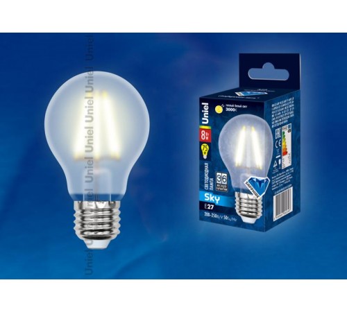 Лампа светодиодная LED-A60-8W/WW/E27/FR PLS02WH LED. "груша" мат.. Серия Sky. 3000К .  UL-00000304  Uniel