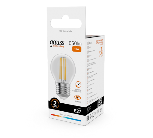 Лампа светодиодная   Filament Elementary Шар 10W 650lm 2700К Е27 LED 1/10/100  52210  Gauss