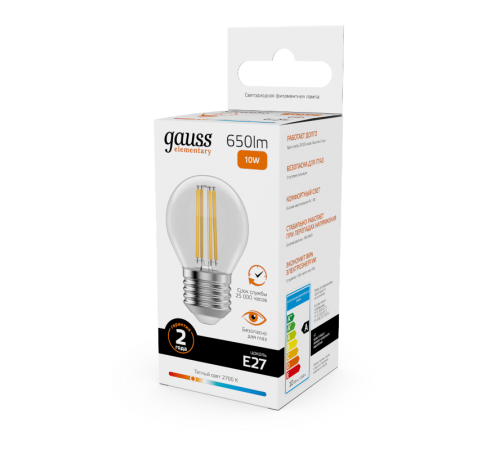 Лампа светодиодная   Filament Elementary Шар 10W 650lm 2700К Е27 LED 1/10/100  52210  Gauss