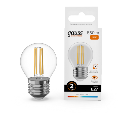 Лампа светодиодная   Filament Elementary Шар 10W 650lm 2700К Е27 LED 1/10/100  52210  Gauss