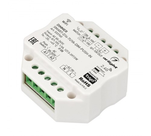 Диммер SMART-D14-TUYA-DIM-PUSH-IN (230V, 1.5A, 0/1-10V, 2.4G) (Arlight, IP20 Пластик, 5 лет)  033760  Arlight