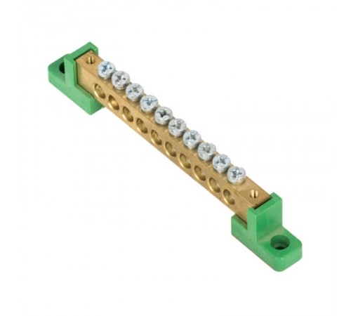 Шина "0" PE 8x12мм 10 отверстий латунь с контактной пластиной 2 зелёных угловых изолятора EKF PROximasn0-125-10-2-peEKF