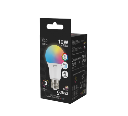 Лампа светодиодная A60 10W E27 RGBW+димирование LED 1/50  102102410  Gauss
