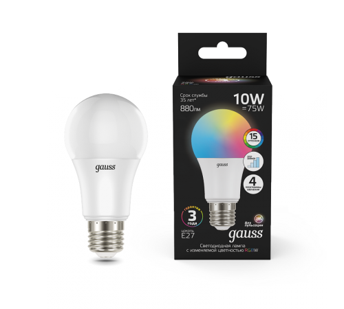 Лампа светодиодная A60 10W E27 RGBW+димирование LED 1/50  102102410  Gauss