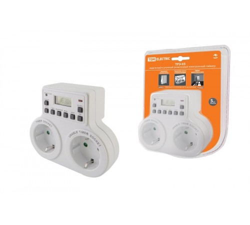 Таймер розеточный ТРЭ-03-1мин/7дн-10on/off-2х8А-2р (недельный, 2 розетки)  SQ1506-0006  TDM ELECTRIC