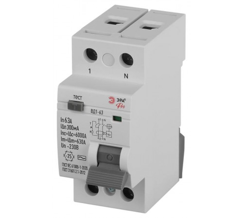 УЗО PRO VD2EM63S300 ВД1-63 2P 63А 300мА тип S электромеханическое   Б0061793  ЭРА