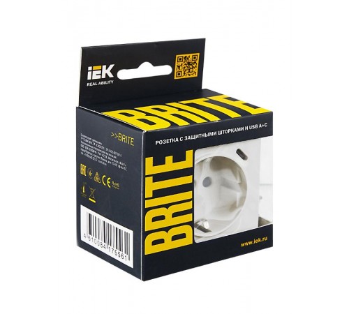 BRITE Розетка с заземлением со шторками 16А с USB A+C 18Вт РЮш11-1-БрЖ жемчужный  BR-R14-16-U22-018-K36  IEK