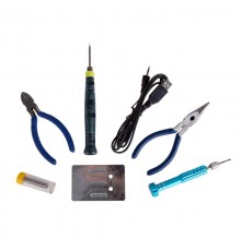 Набор для пайки (USB паяльник 8 Вт, кусачки, тонкогубцы, подставка, припой, отвертка)  12-0168  REXANT