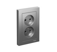 AtlasDesign Сталь Розетка без заземления двойная, со шторками,16А, (в сборе с рамкой)  ATN000922  SE