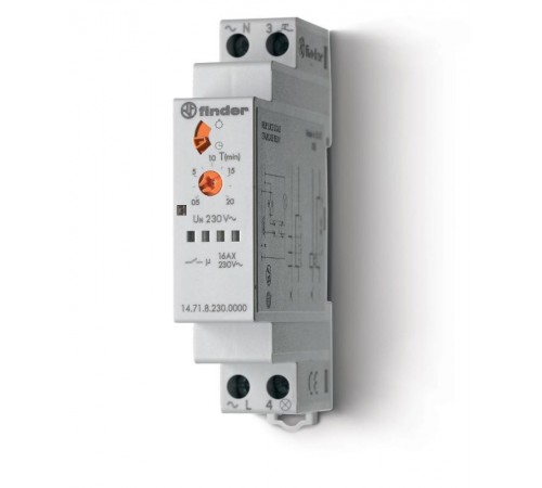 Модульный электронный лестничный таймер 1-функциональный; 1NO 16A; 3- или 4-проводная схема; питание 230В АC; ширина 17.5мм  147182300000PAS  Finder