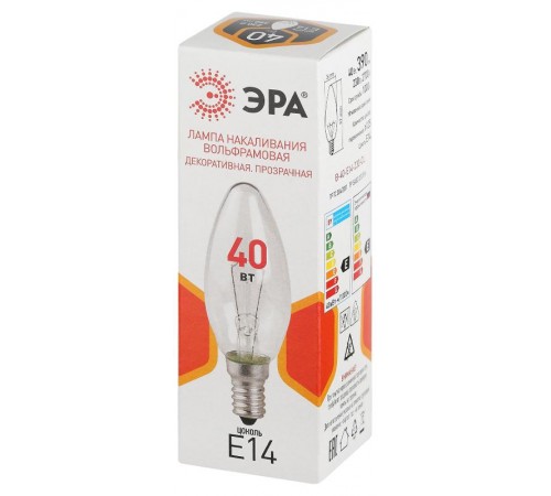 Лампа накаливания  B36 40Вт Е14 / E14 230В  свечка прозрачная  Б0066509  ЭРА