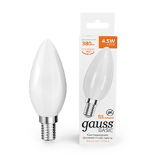 Лампа светодиодная   Basic Filament Свеча 4,5W 380lm 2700К Е14 milky  LED 1/10/50  1035115  Gauss