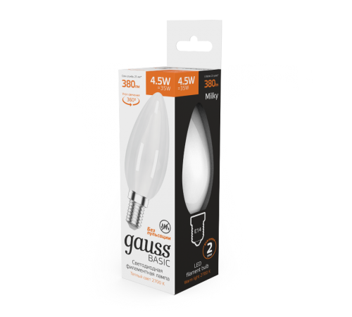 Лампа светодиодная   Basic Filament Свеча 4,5W 380lm 2700К Е14 milky  LED 1/10/50  1035115  Gauss