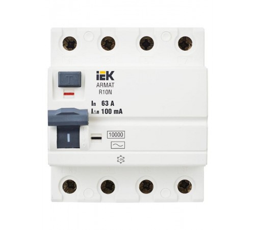 Выключатель дифференциальный (УЗО) R10N 4P 63А 100мА тип AC ARMAT  AR-R10N-4-063C100  IEK