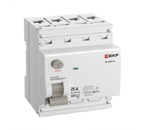 Выключатель дифференциального тока ВД-100N (S) 4п 25А 100мА (тип АС, эл-мех) 6кА PROximа  E1046MS25100  EKF