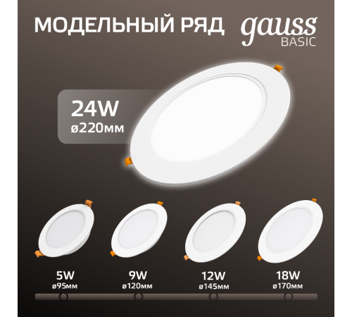 Светильник  Basic Downlight круг 24W 2100m 4000K 170-260V IP20 225*26 белый LED 1/40  9030520224  Gauss