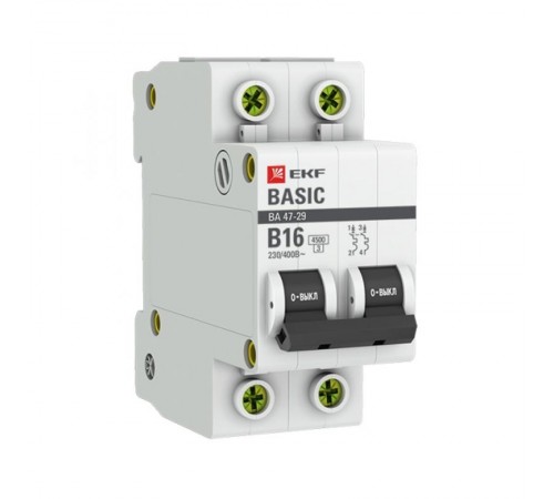 Выключатель автоматический двухполюсный 2P 16А (B) 4,5кА ВА 47-29 EKF Basicmcb4729-2-16-BEKF