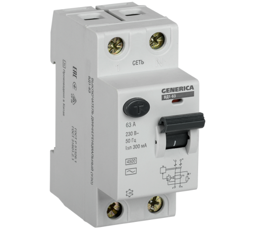 Выключатель дифференциальный (УЗО) ВД1-63 2п 63А 300мА тип AC  MDV15-2-063-300  GENERICA