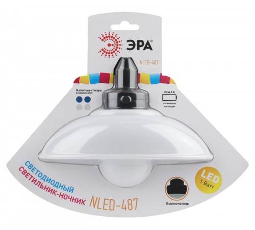 Ночник - светильник светодиодный NLED-487-1W-SW-W настенный на батарейках с выключателем белый  Б0051474  ЭРА