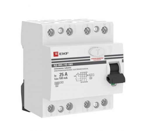 Выключатель дифференциальный (УЗО) селективное 4P 25А/100мА (электромеханическое) PROxima  elcb-4-25-100S-em-pro  EKF (замена - E1046MS25100)
